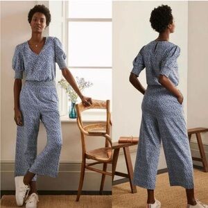 Boden Estella Jersey Jumpsuit in Ivory Meadow Spot Blue Wide Leg Szie 12 Tall